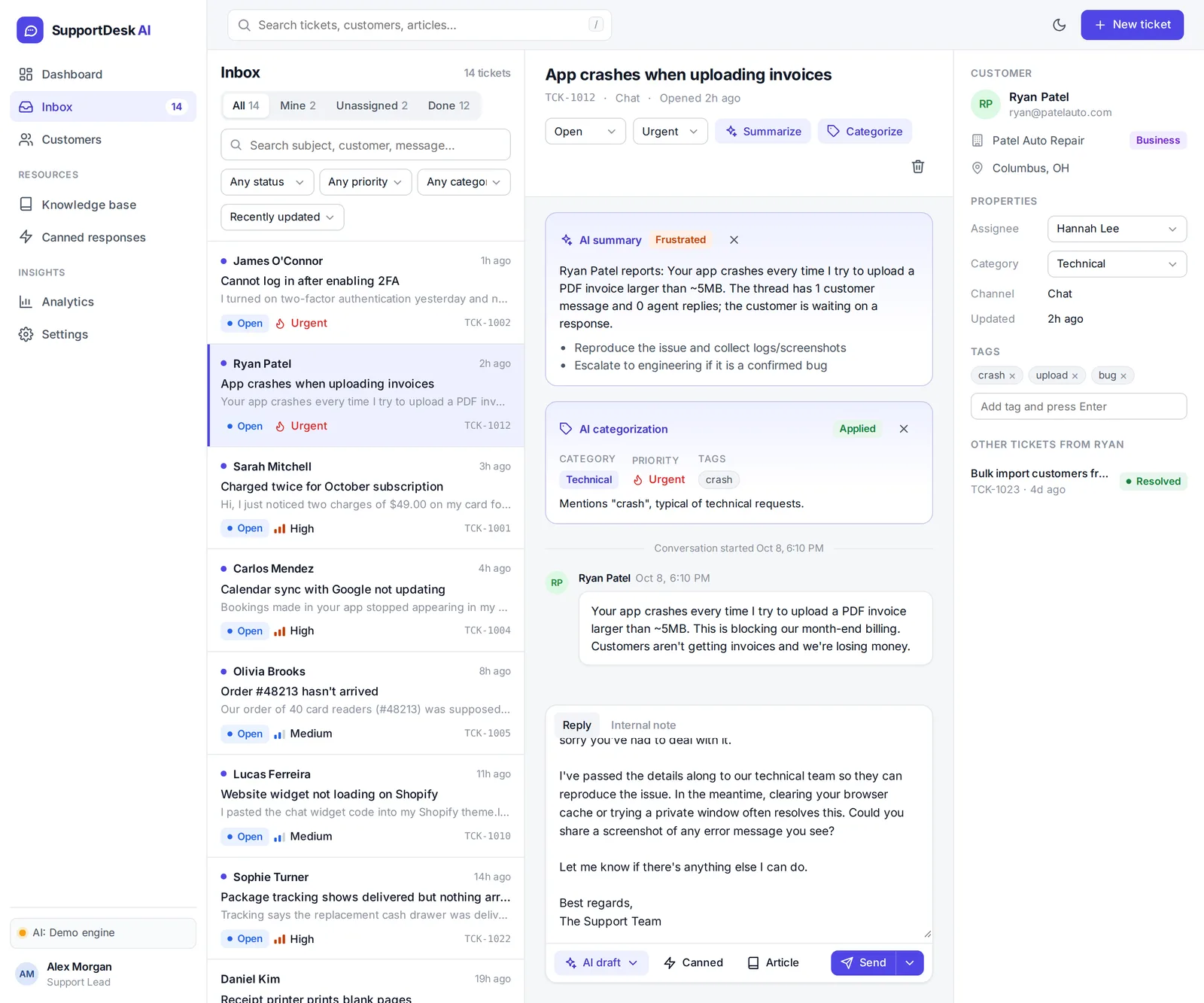SupportDesk AI inbox: a ticket list beside an open ticket with an AI summary marking the customer as frustrated, an AI categorization of Technical and Urgent, and an AI-drafted reply in the composer