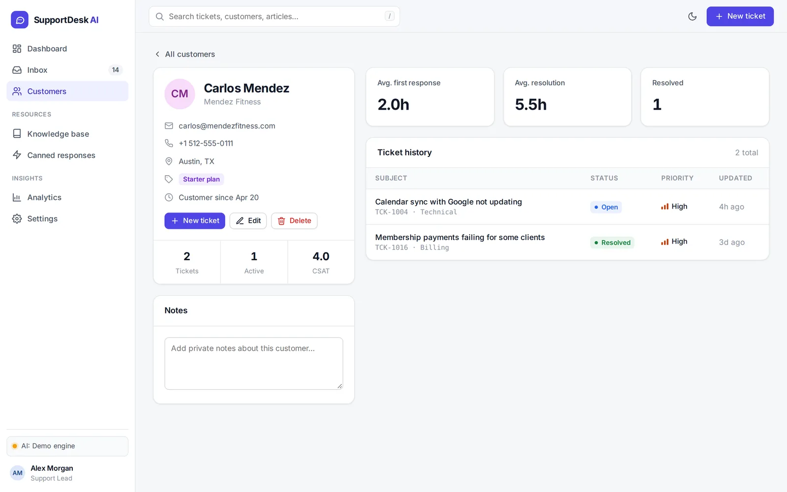 Customer profile with contact details, ticket stats, ticket history and private notes
