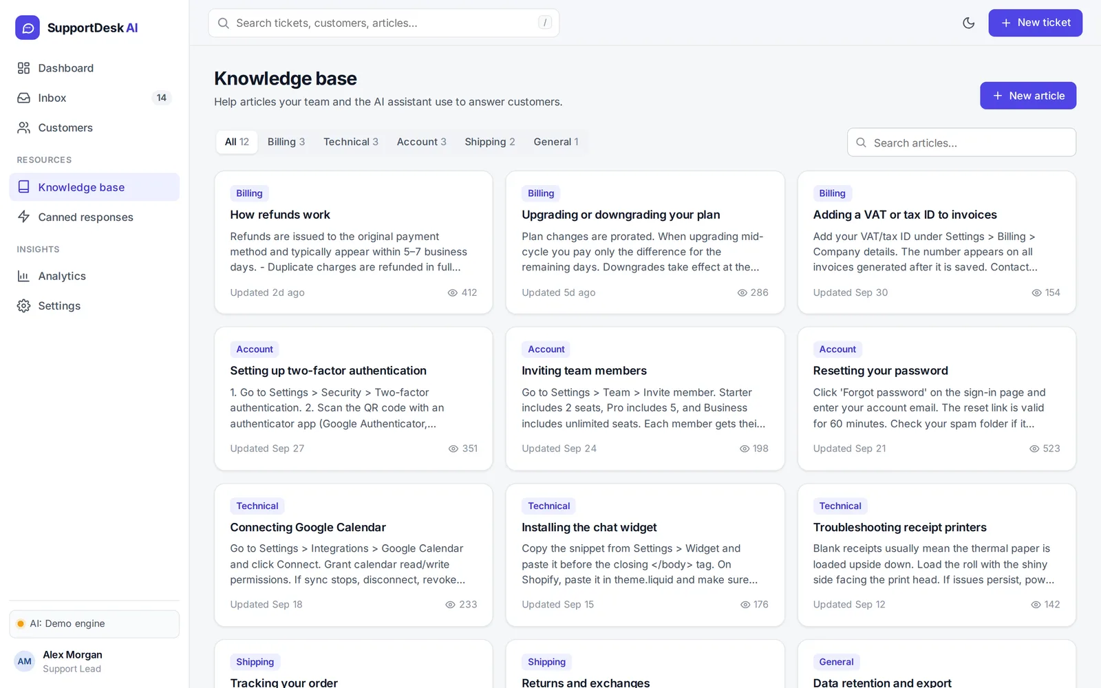 Knowledge base with help articles grouped by Billing, Technical, Account, Shipping and General, each showing a preview, update date and view count