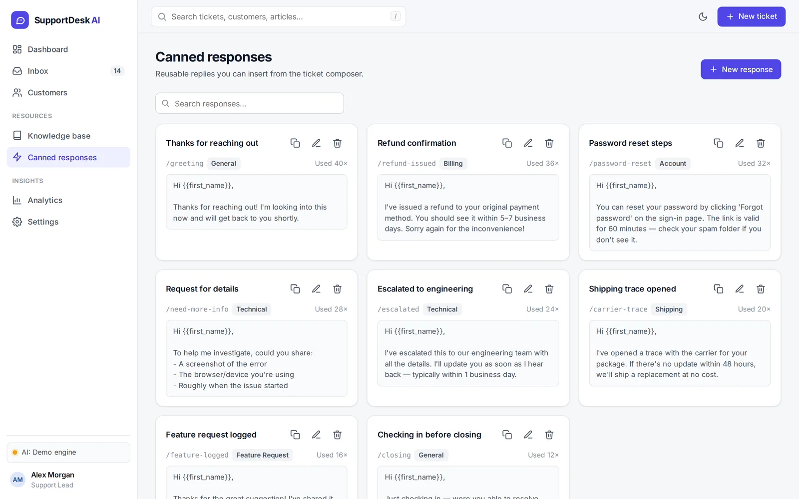 Canned responses page with reusable replies such as Refund confirmation and Password reset steps, each with a shortcut, category and first-name variable