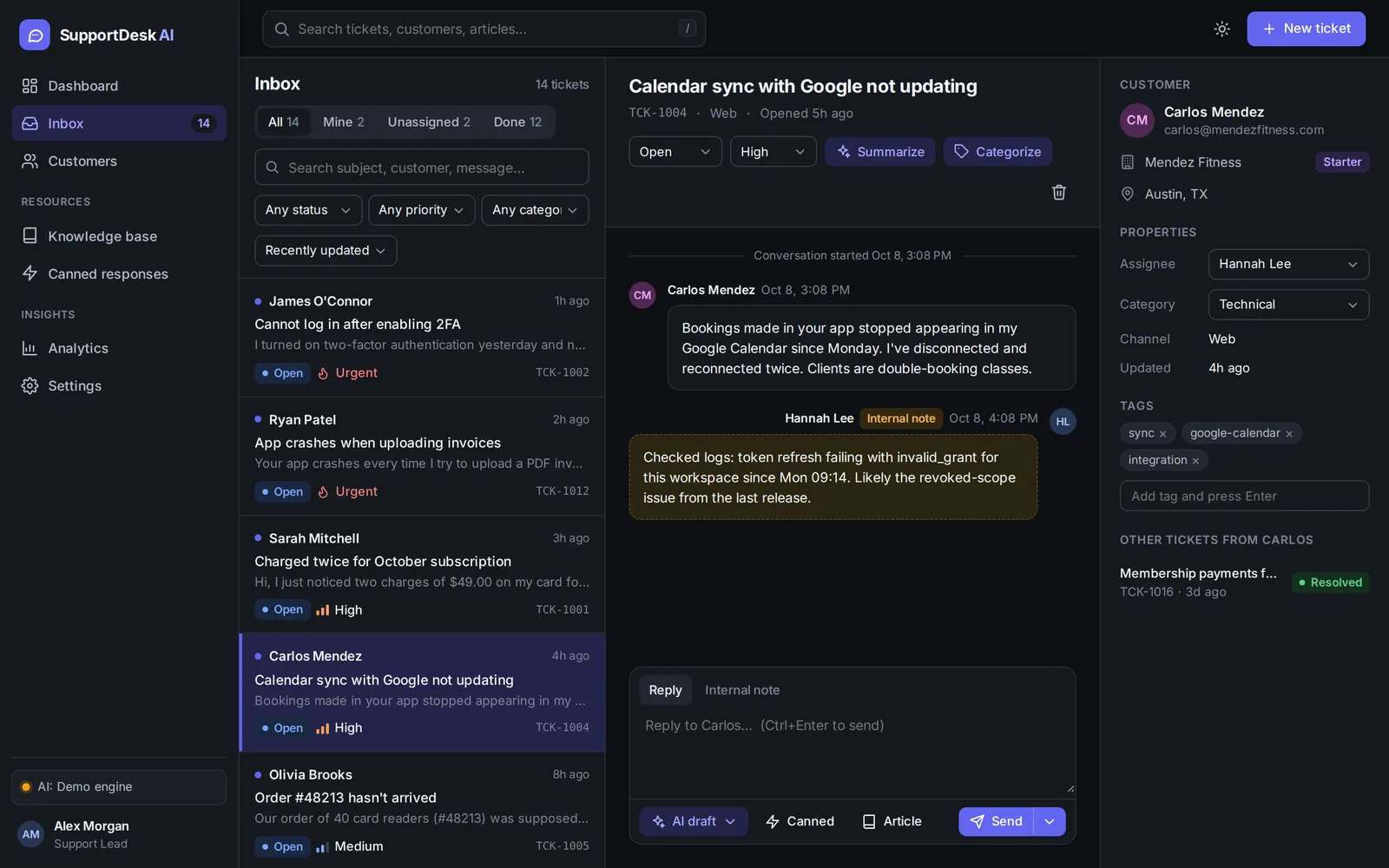 The SupportDesk AI inbox and an open ticket in dark mode