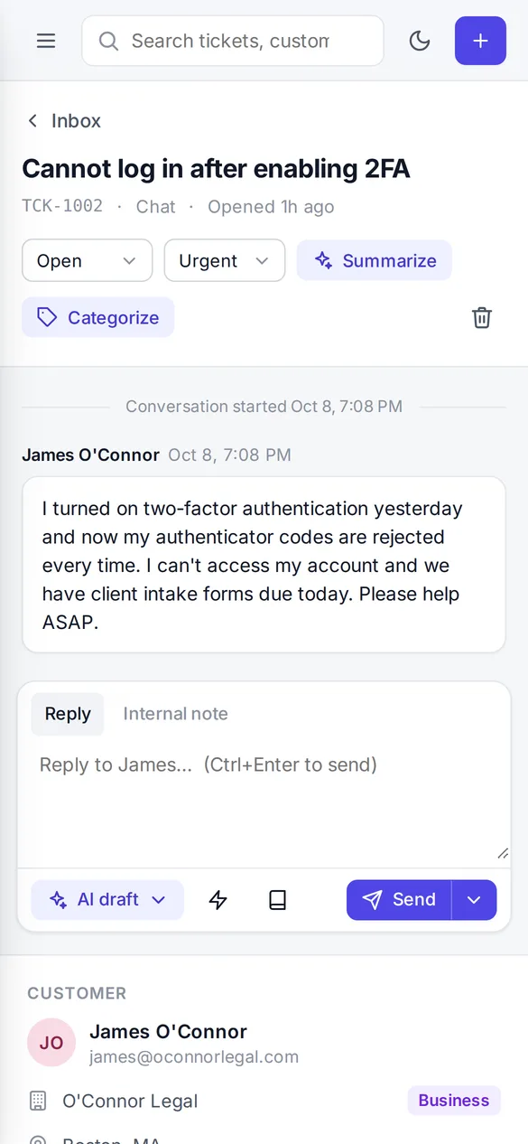 An open ticket on a phone with Summarize and Categorize buttons, the customer's message and the reply composer with AI draft