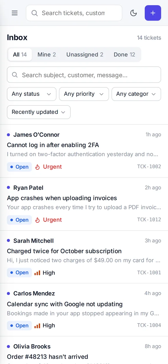 SupportDesk AI inbox on a phone, listing tickets with status and priority